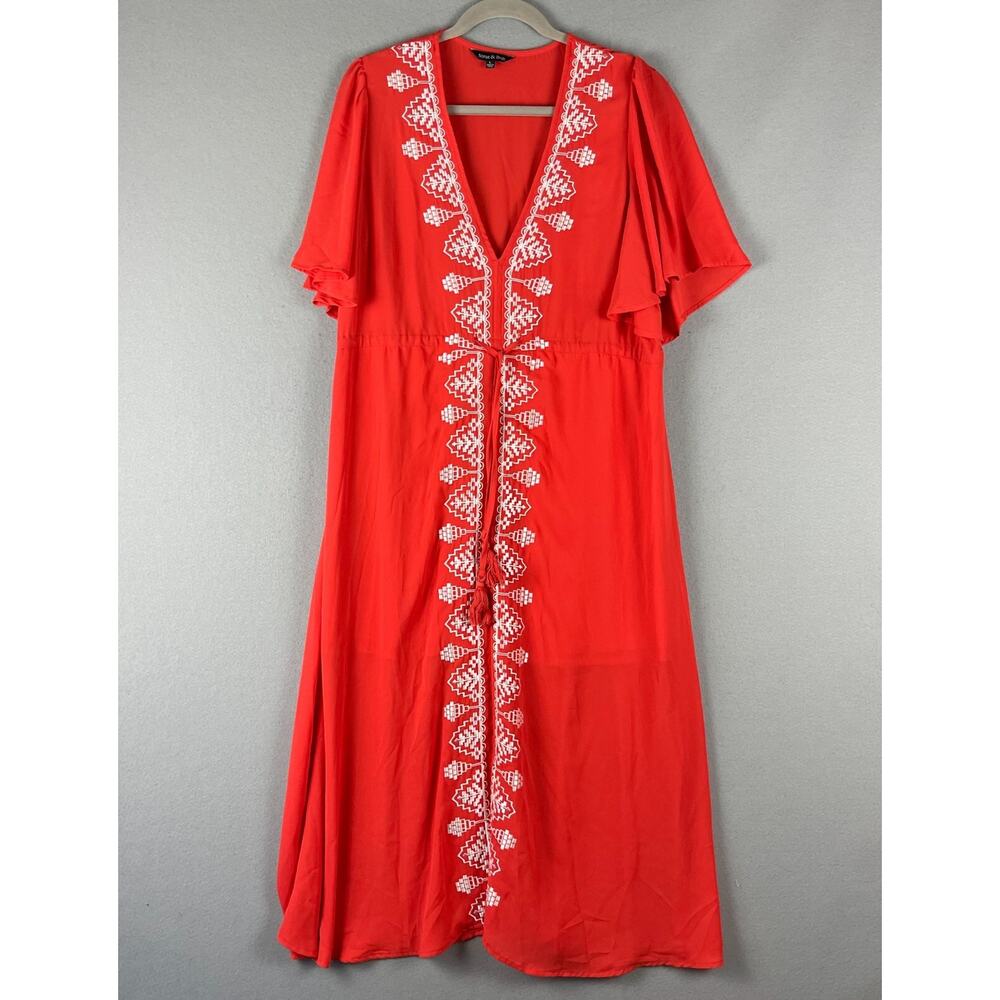 Strut & Bolt Kaftan Dress Women Large Red Orange Embroidered Tassel Boho Resort